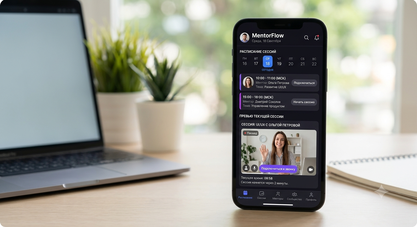 Интерфейс MentorFlow — расписание сессий и видеозвонок